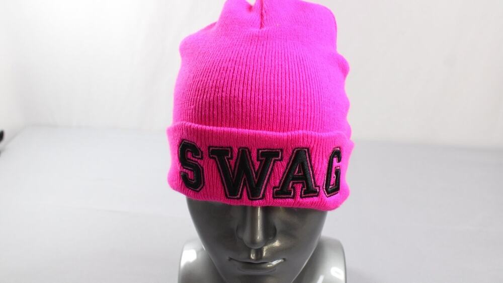 Karma Swag Embroidered Cuffed Knit Beanie Neon Hot Pink Winter Hat OS Womens